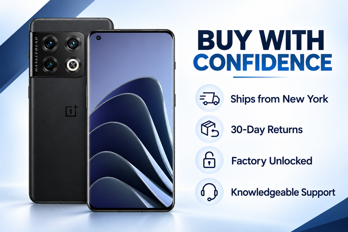 OnePlus 10 Pro unlocked smartphone in black, showing front screen and rear triple camera