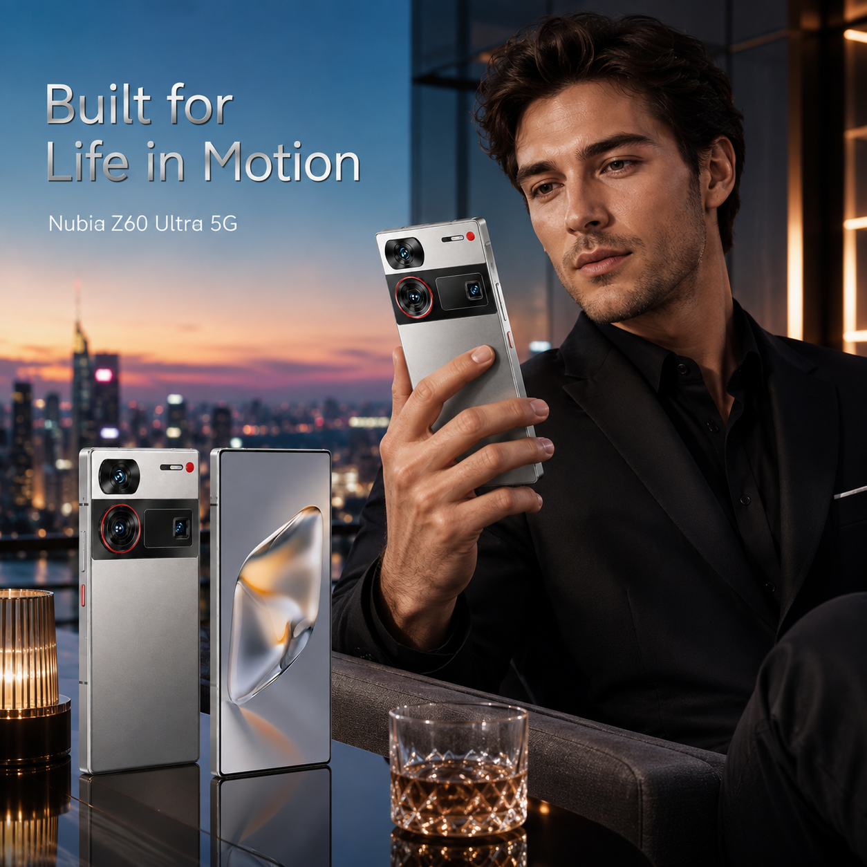 nubia Z60 Ultra 5G  Silver smartphone with triple rear cameras held by a person, front display facing outward.