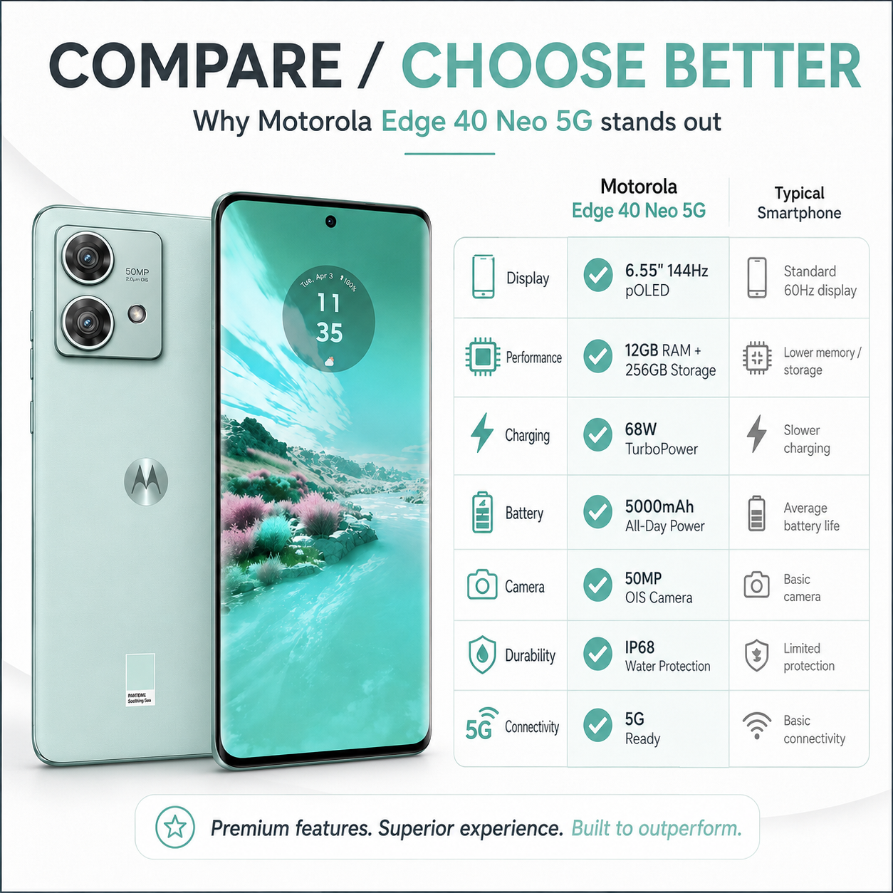 Mint green Motorola smartphone with dual rear cameras and front display featuring river view
