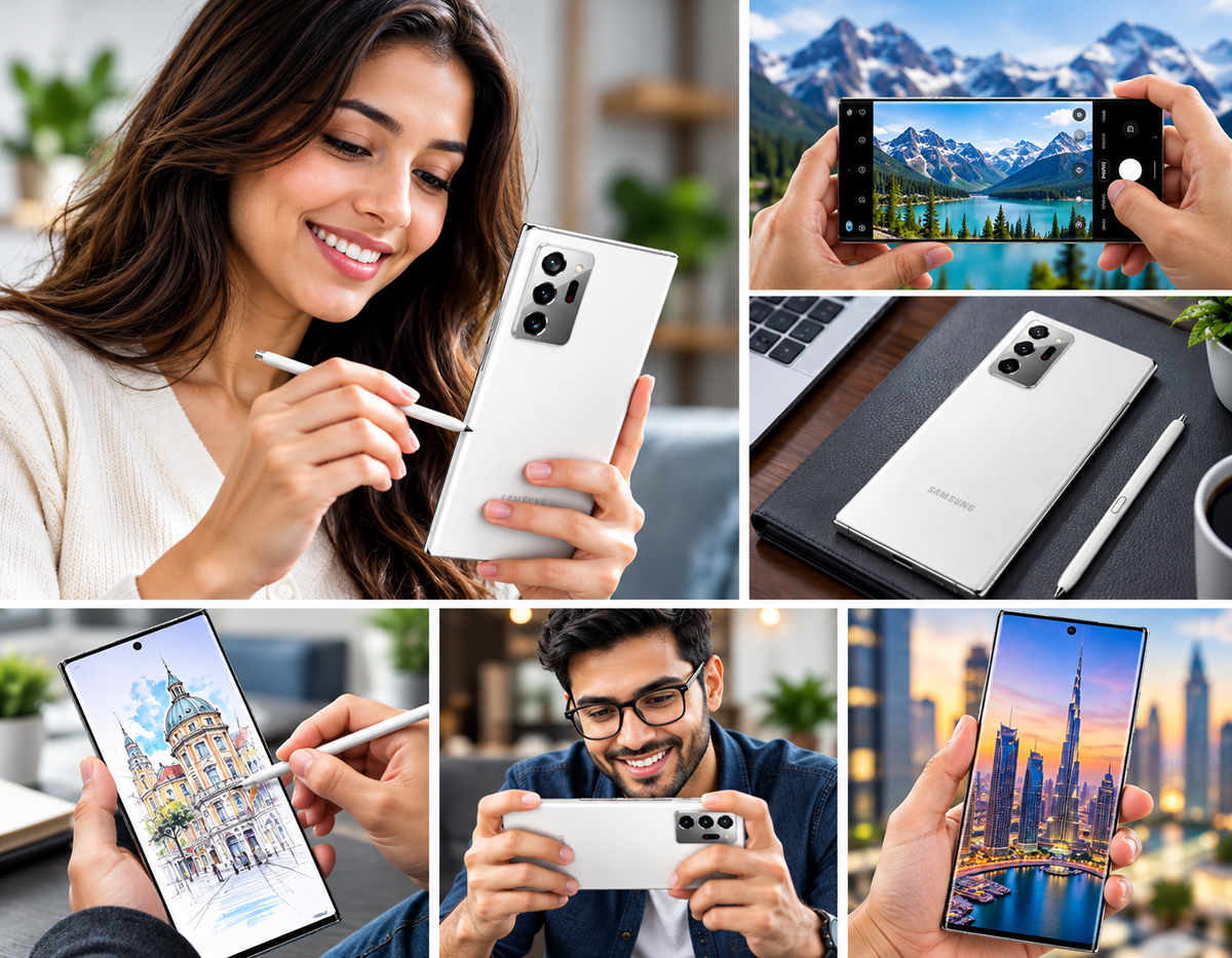 White Samsung Note 20 Ultra smartphone in hand with stylus, front display visible