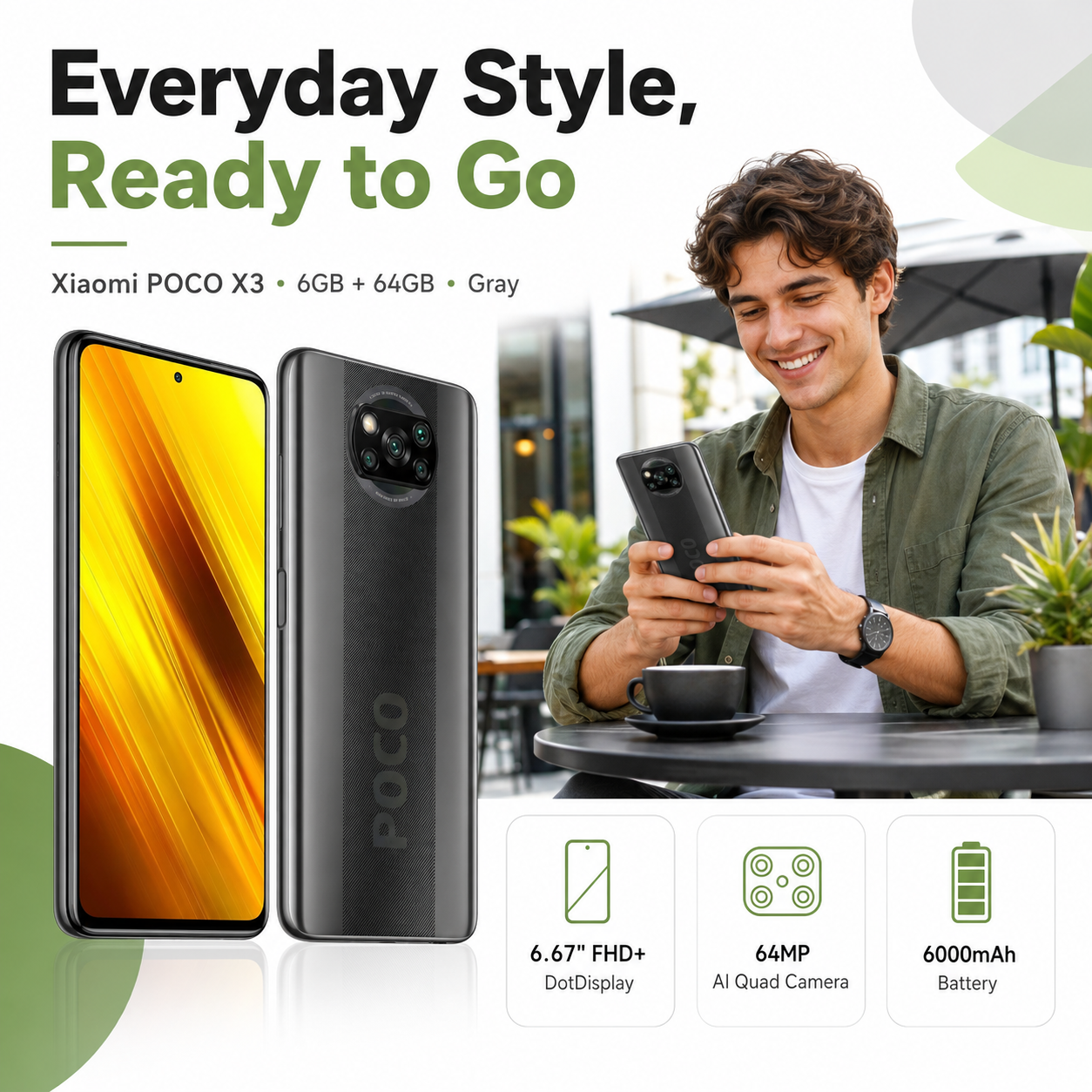 Xiaomi POCO X3 NFC smartphone in gray, front display and back with triple camera.