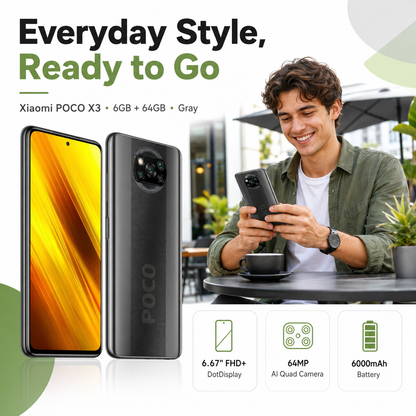 Xiaomi POCO X3 NFC smartphone in gray, front display and back with triple camera.