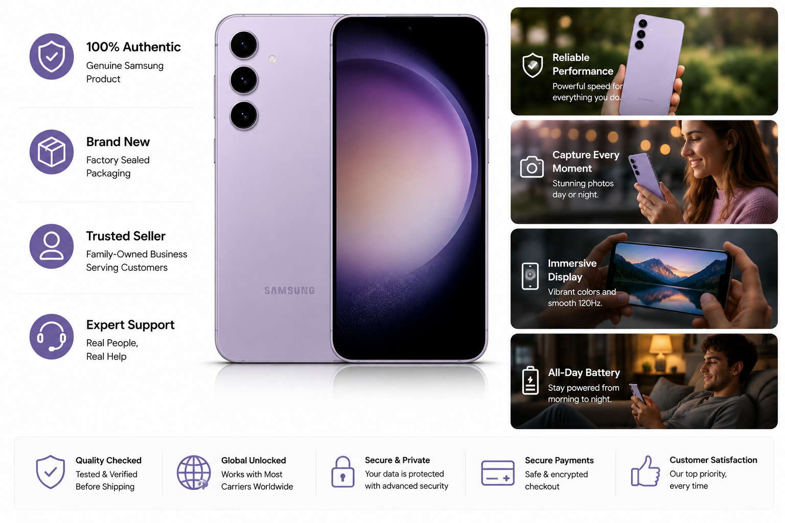 Lavender Samsung Galaxy S23 Ultra 5G smartphone with curved display, quad cameras