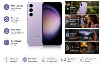 Lavender Samsung Galaxy S23 Ultra 5G smartphone with curved display, quad cameras