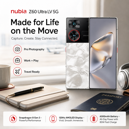 Silver Nubia smartphone with dual cameras and curved edge-to-edge screen