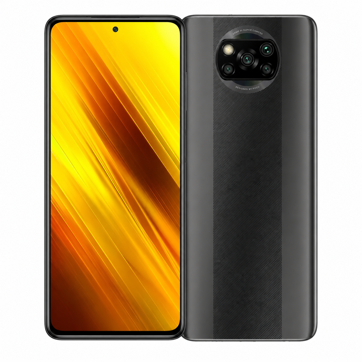 Shadow grey POCO X3 NFC smartphone with front screen and back camera module.