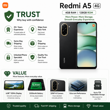 Xiaomi Redmi A5 4G 128GB ROM 4GB RAM Dual SIM GSM Unlocked - Black