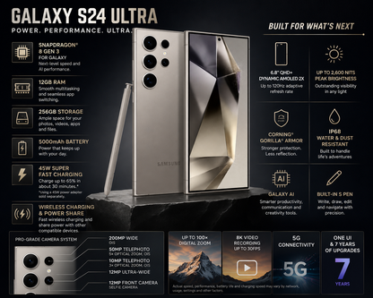 Samsung Galaxy S24 Ultra Titanium grey unlocked 5G smartphone front and back, S Pen-style stylus nearby