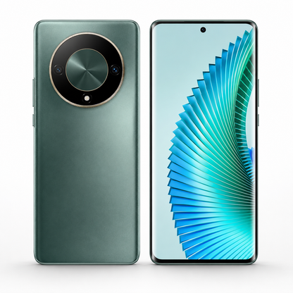 Green smartphone close-up front and back with circular rear camera