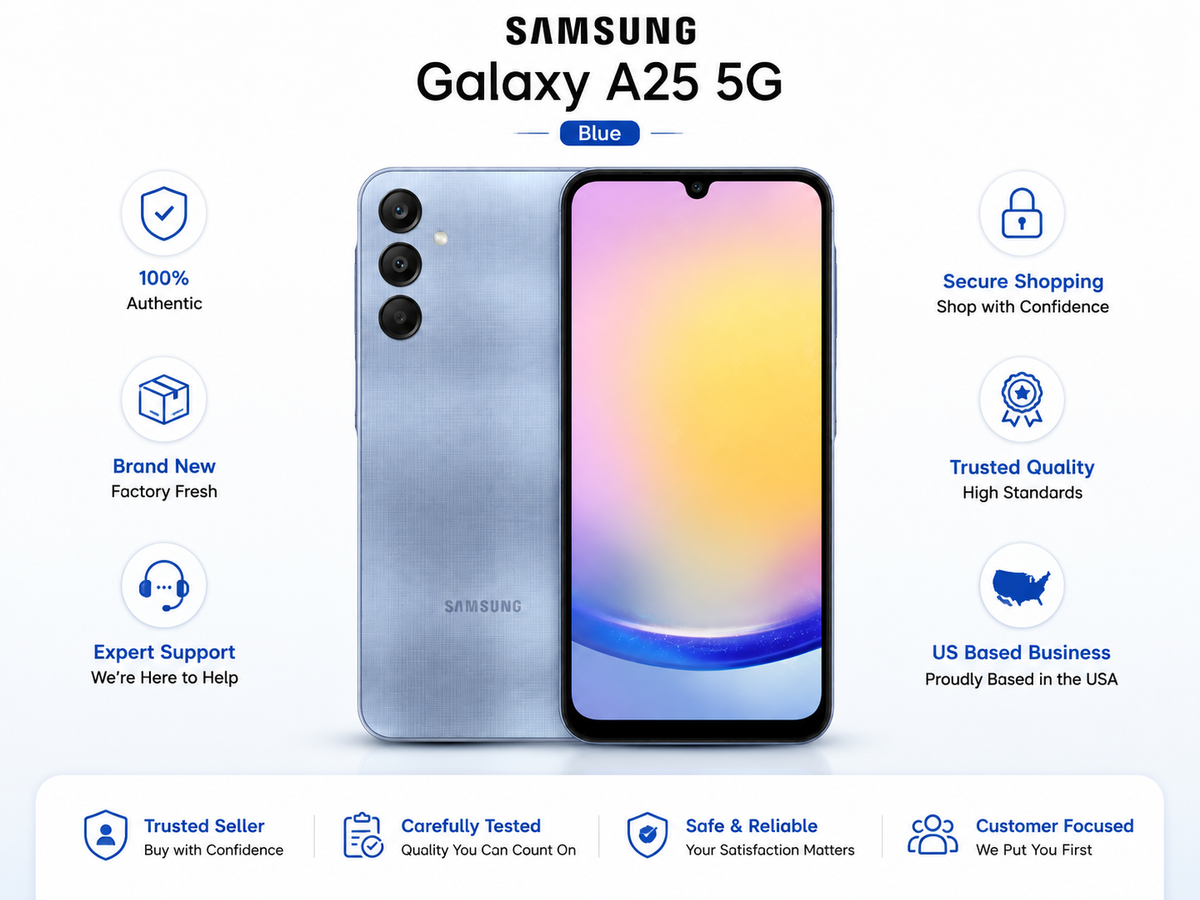 Blue Samsung Galaxy A25 5G smartphone with front display and rear cameras