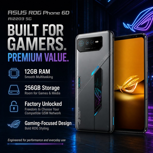 Black ASUS ROG Phone 6D smartphone with visible back camera array and orange front screen