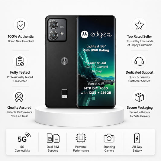 Black Motorola Edge 40 Neo smartphone, front and back view, dual cameras