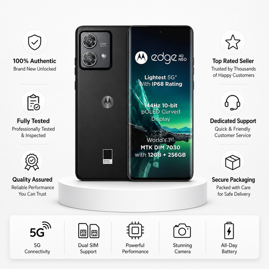 Black Motorola Edge 40 Neo smartphone, front and back view, dual cameras
