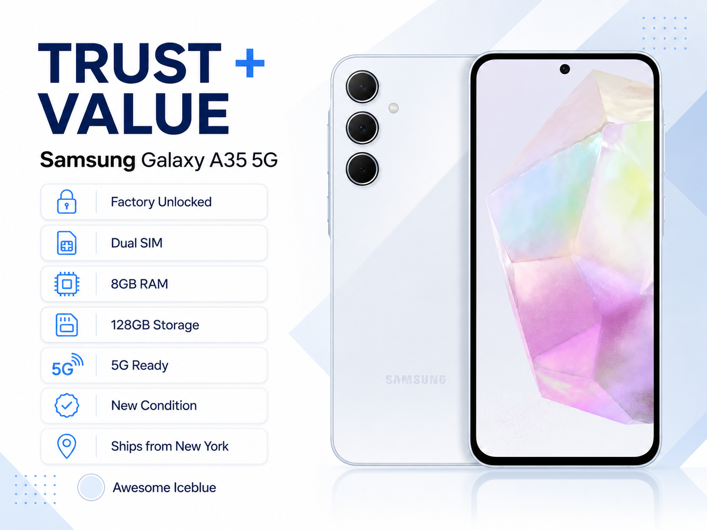 Samsung Galaxy A35 5G phone showing ice blue back and front, triple rear cameras