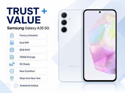Samsung Galaxy A35 5G phone showing ice blue back and front, triple rear cameras