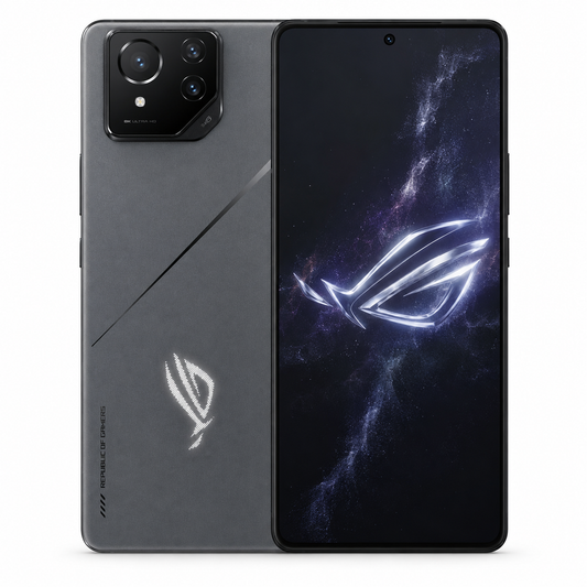 ASUS ROG Phone 8 Rebel Gray smartphone with triple rear cameras and dark AMOLED-style display.