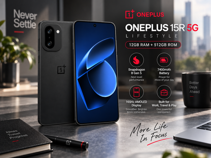 Black OnePlus 15R 5G smartphone, front and back view with blue gradient screen