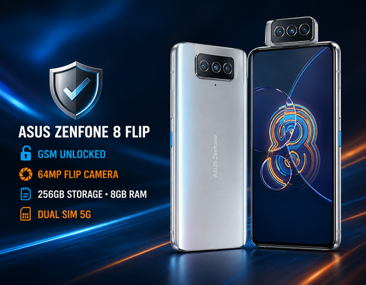 Asus Zenfone 8 Flip Silver smartphone with flip camera module and dark front display