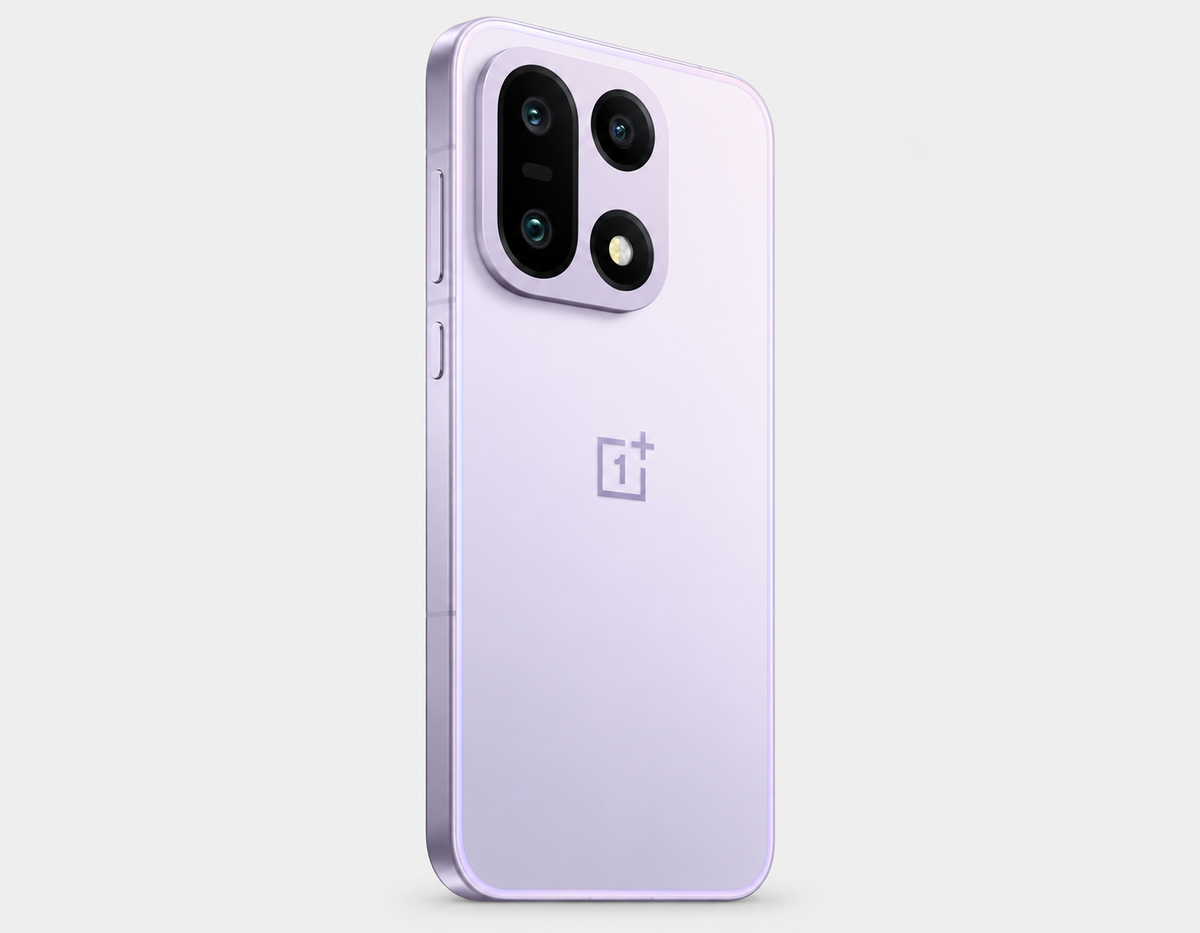 OnePlus 15 5G Violet smartphone back view with triple rear cameras and LED flash
