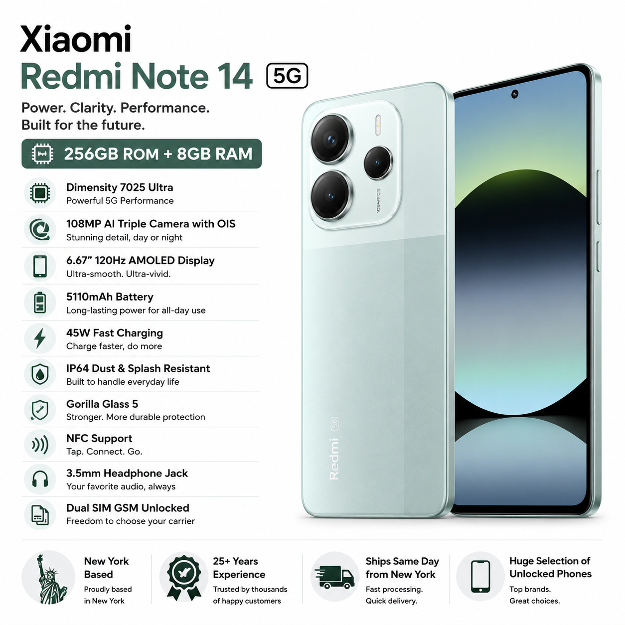 Xiaomi Redmi Note 14 5G 256GB ROM 8GB RAM Dual Sim GSM Unlocked - Coral Green