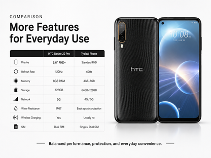 HTC Desire 22 Pro 5G smartphone, black, front and back angled view