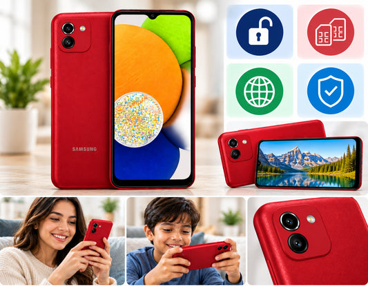Samsung Galaxy A03 Red Samsung smartphone in hand, front display with video, back cameras visible.