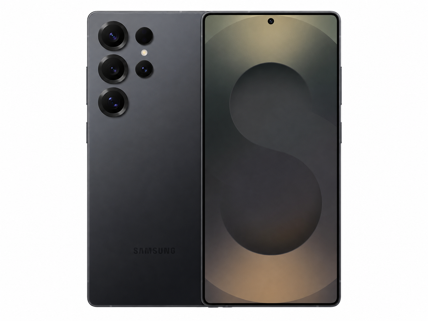 Black Samsung Galaxy S25 Ultra smartphone with triple rear cameras and edge-to-edge display