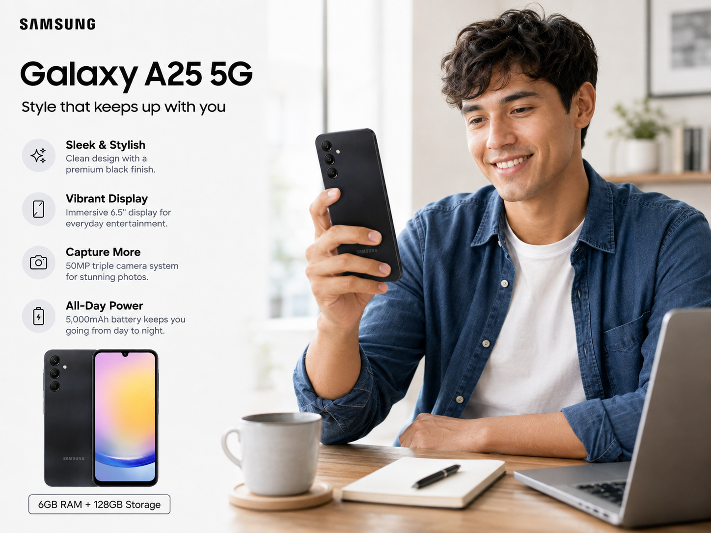 Galaxy A25 5G smartphone held by man, dark blue-black back facing camera