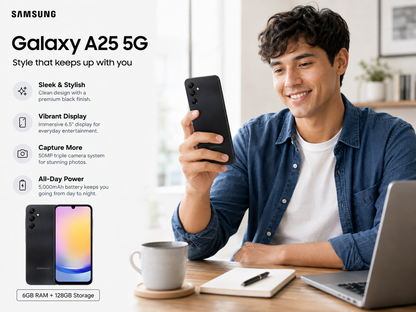 Galaxy A25 5G smartphone held by man, dark blue-black back facing camera