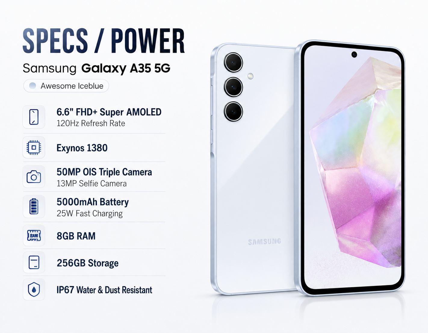 Samsung Galaxy A35 5G Ice blue dual-SIM smartphone with front screen and triple rear cameras.