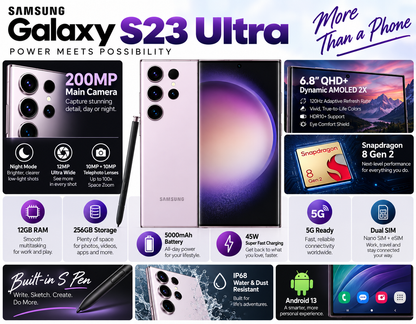 Samsung Galaxy S23 Ultra lavender phone with built-in S Pen and specs graphics