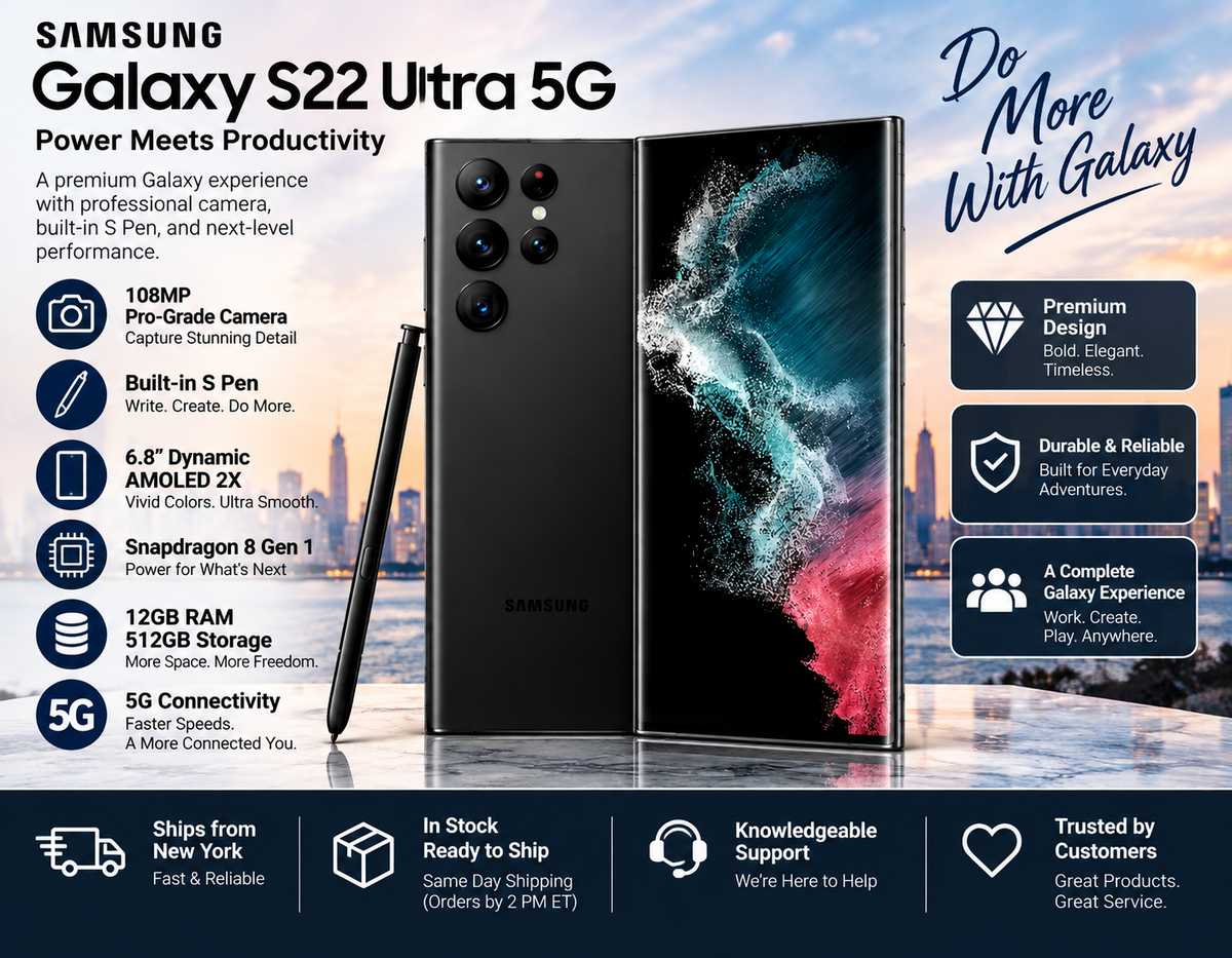 Samsung Galaxy S22 Ultra 5G phone with S Pen and side profile, front and back shown