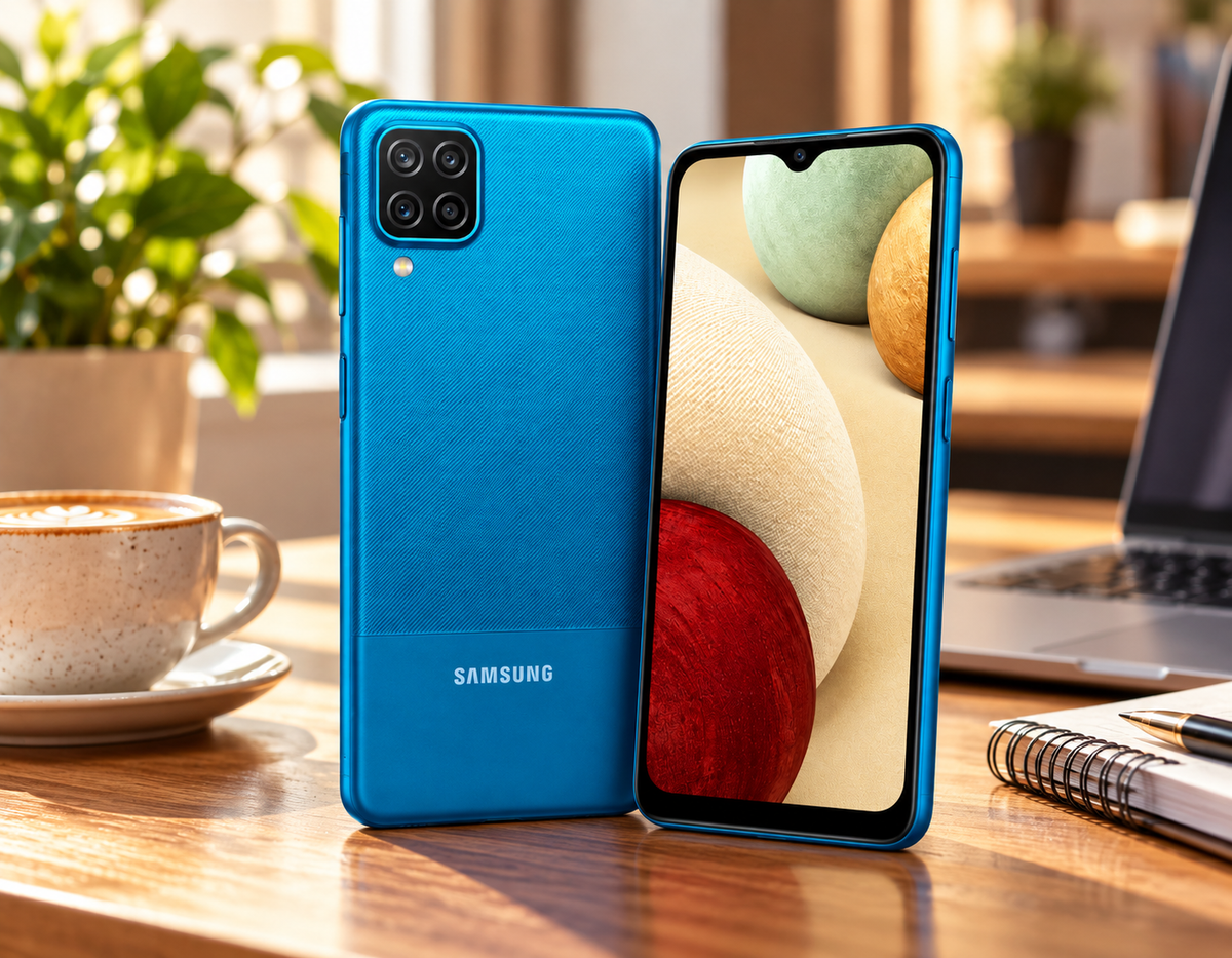 Blue Samsung Galaxy A12 smartphone with textured back and front display on desk