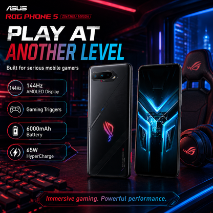 Asus ROG Phone 5 Black gaming smartphone with glowing red emblem on back and blue V display