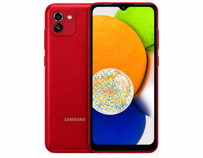 Samsung Galaxy A03 Red Samsung smartphone front and back with dual cameras, close-up product view.