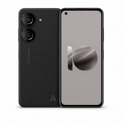 Black ASUS Zenfone 10 smartphone, front and back view, dual rear cameras