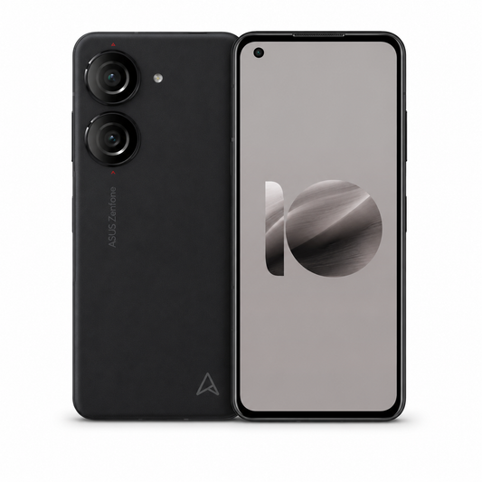 Black ASUS Zenfone 10 smartphone, front and back view, dual rear cameras