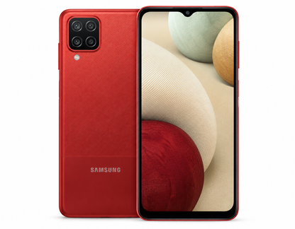Red Samsung Galaxy A12 smartphone showing back panel and front screen
