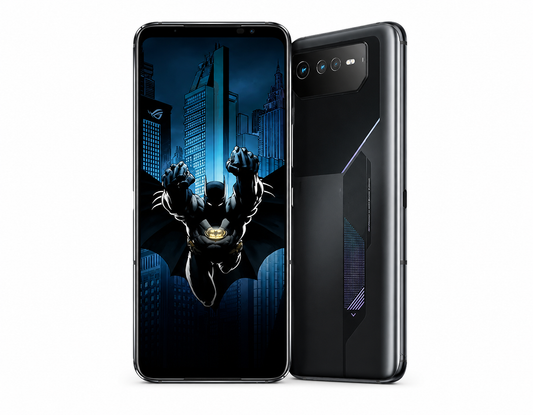 Black ASUS ROG Phone 6 Batman Edition smartphone, front and back view