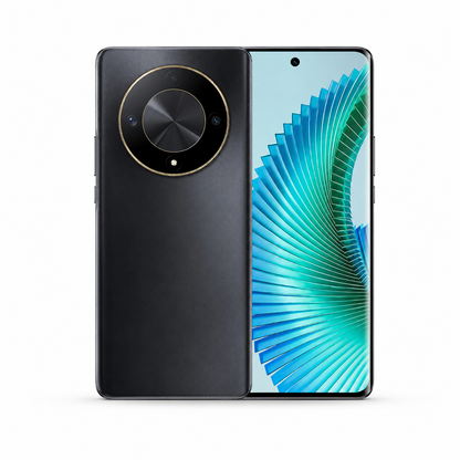 Black Honor Magic6 Lite phone in 3/4 view, circular rear camera ring and front display.