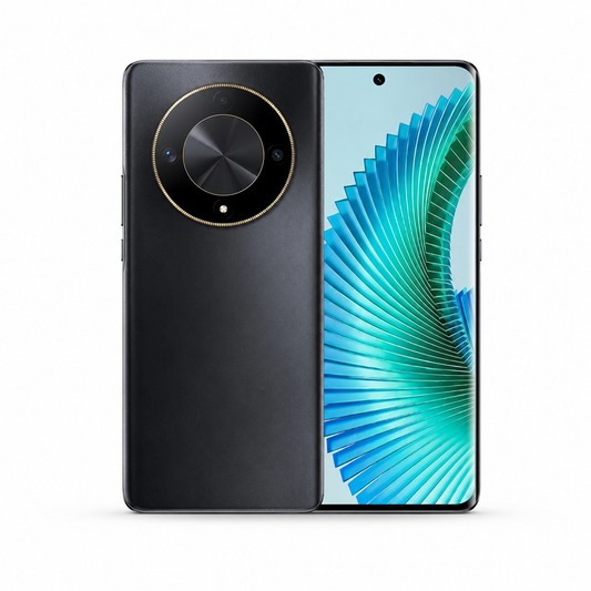 Black Honor Magic6 Lite phone in 3/4 view, circular rear camera ring and front display.