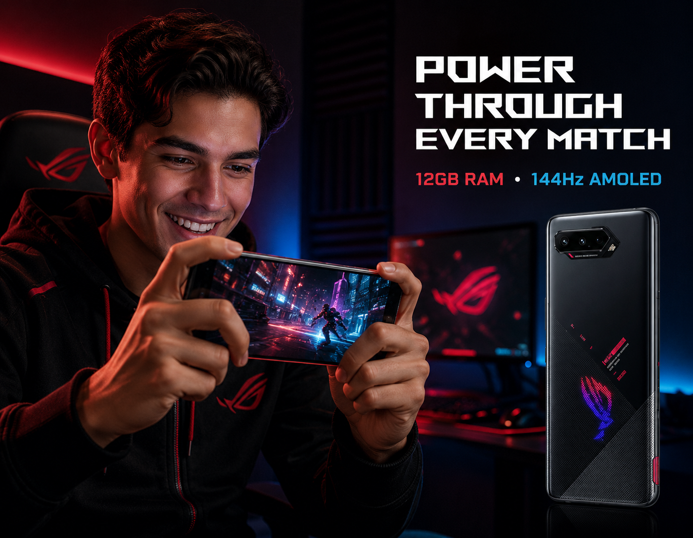 Asus ROG Phone 5 Black smartphone held in hand with rear ROG emblem and triple-camera module