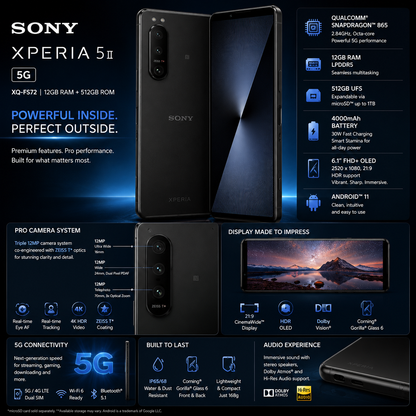 Sony Xperia 1 VII XQ-FS72 5G Black Sony smartphone with front and back views, triple camera module.