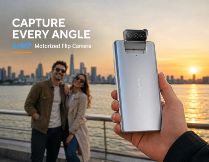 Asus Zenfone 8 Flip Silver smartphone held in hand with motorized flip camera on top