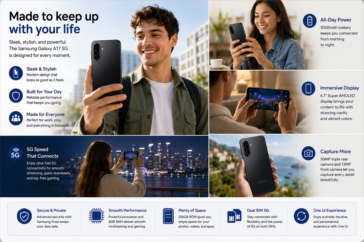 Black Samsung Galaxy A17 5G phone held in hand with blue screen