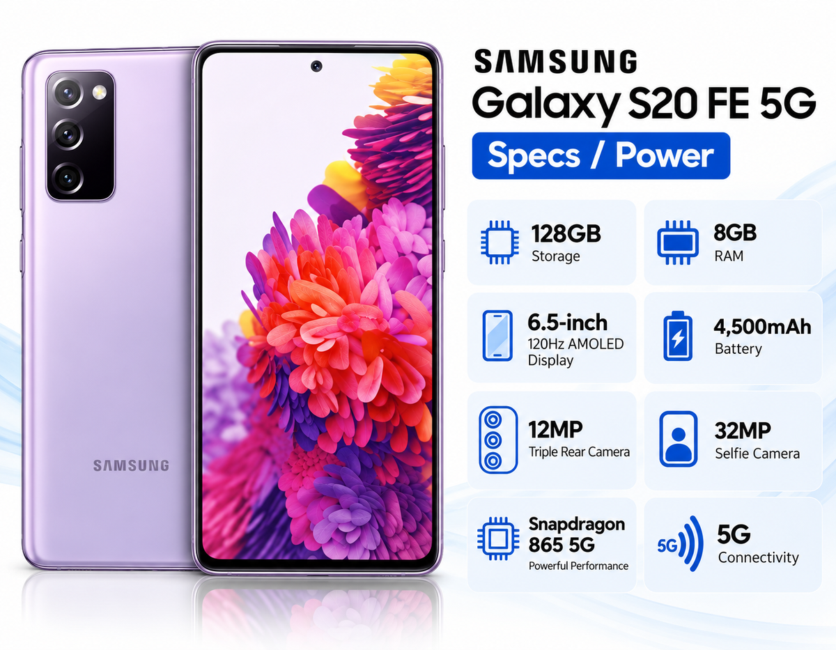 Lavender Samsung Galaxy S20 FE 5G front and back views with triple rear cameras