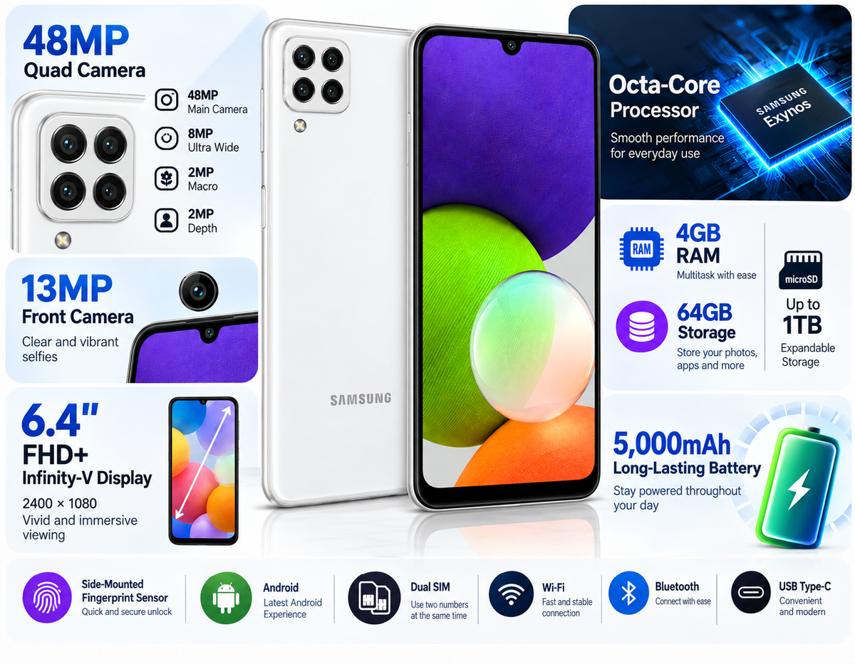 White Samsung Galaxy A22 4G phone with quad-camera rear and colorful front screen