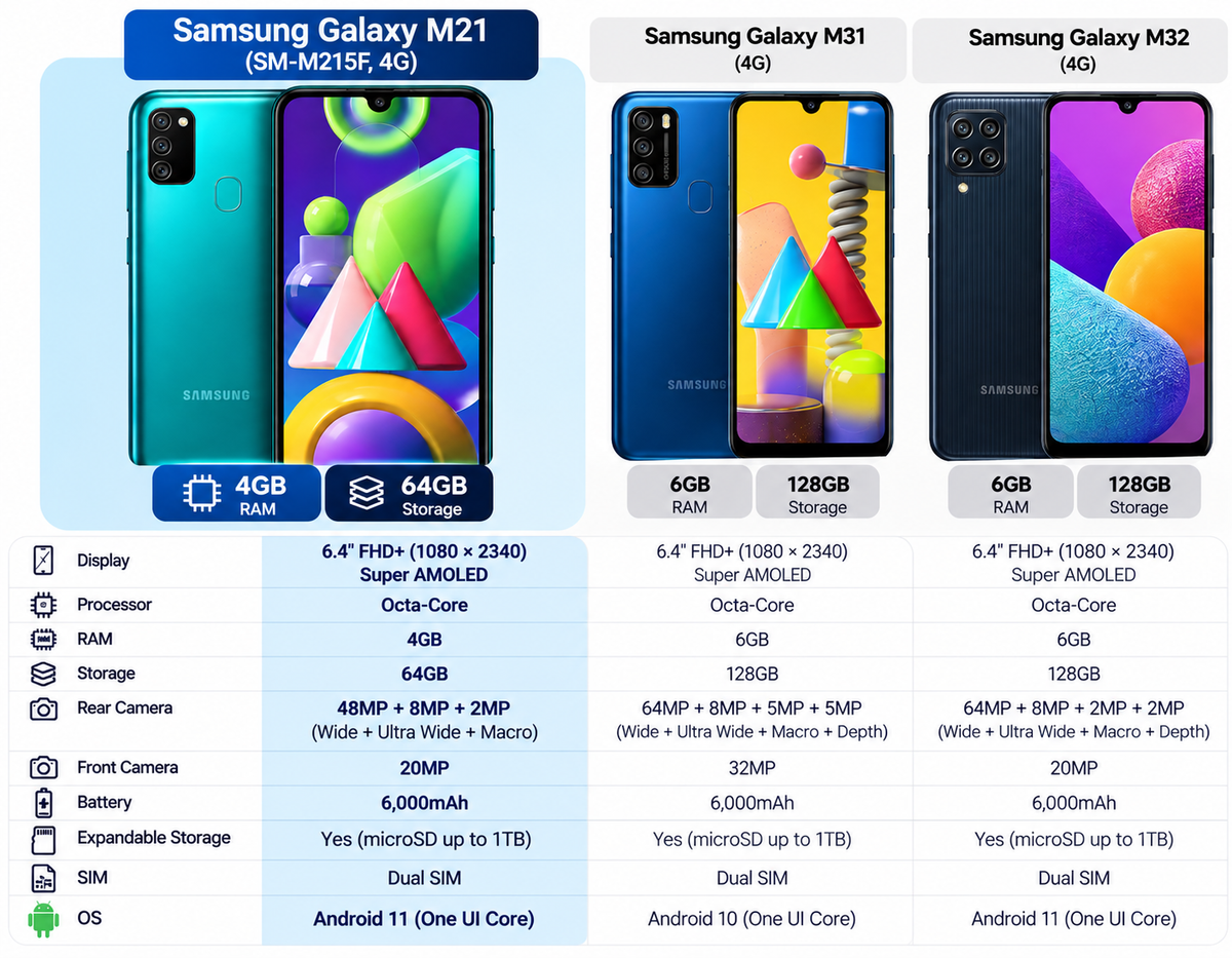 Teal Samsung Galaxy M21 phone shown front and back beside capacity comparison cards