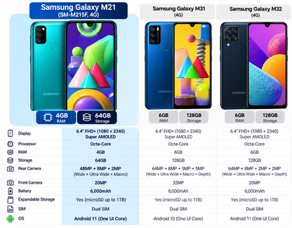Teal Samsung Galaxy M21 phone shown front and back beside capacity comparison cards