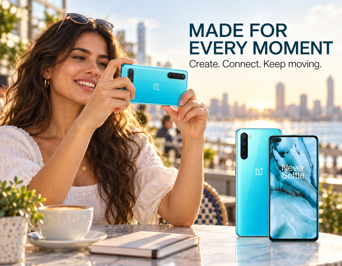 OnePlus Nord 5G phone in hand with teal back and blue marble front display